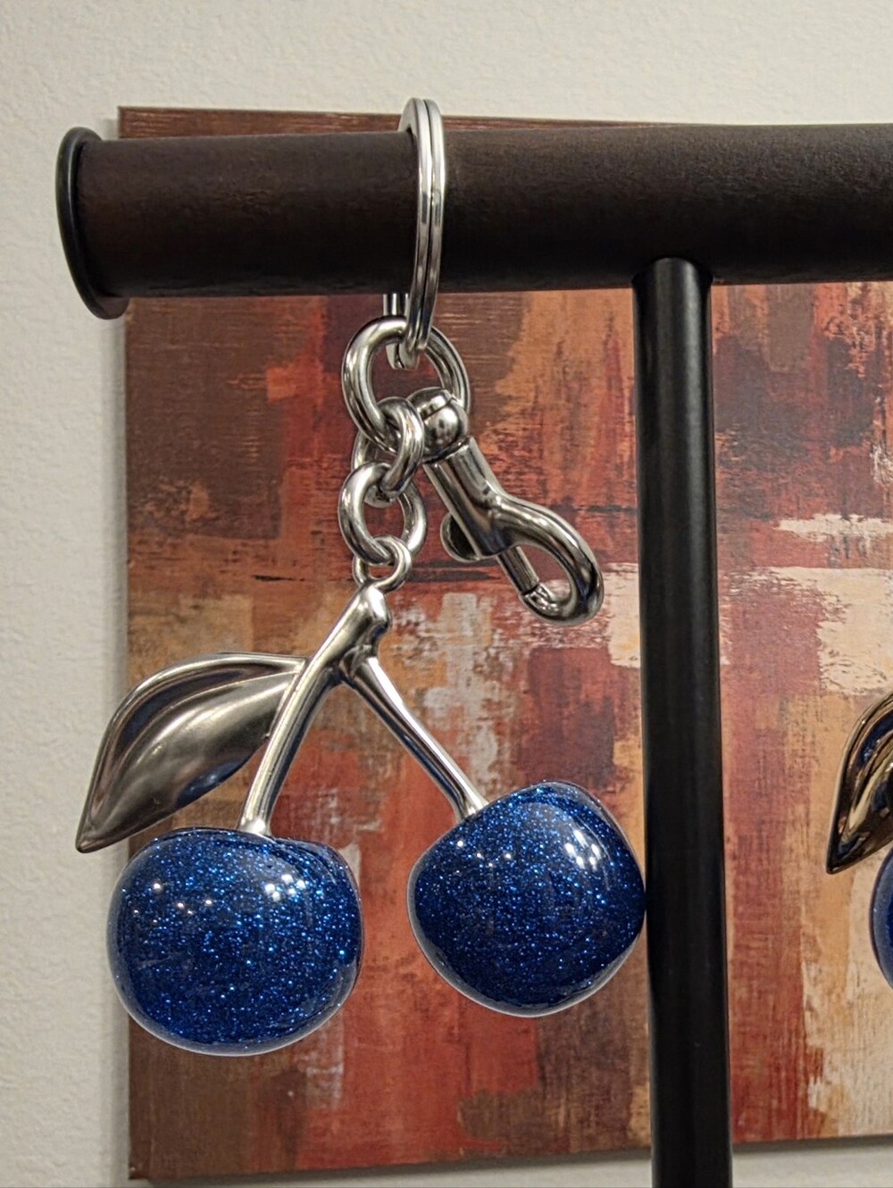 Sparkling Blue Cherry Bag Charm Keychain Silver Hardware